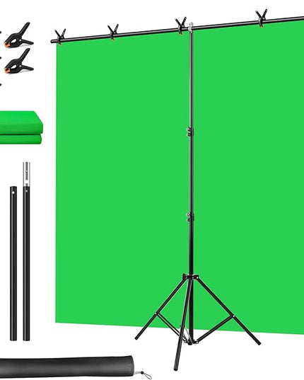 Green Screen Backdrop Kit, Portable Greenscreen Background with T-Shaped Stand, 5 Clamps & Carrying Bag for Photography, Streaming, Zoom, Gaming, (Green, 6.5 Feet X 5.0 Feet)