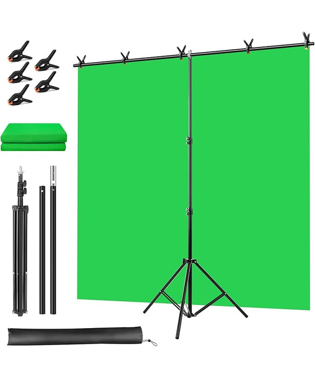Green Screen Backdrop Kit, Portable Greenscreen Background with T-Shaped Stand, 5 Clamps & Carrying Bag for Photography, Streaming, Zoom, Gaming, (Green, 6.5 Feet X 5.0 Feet)