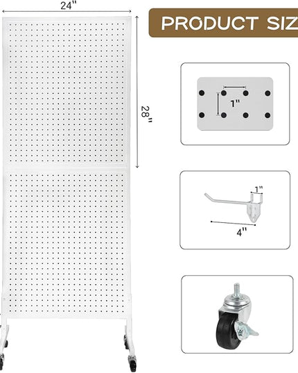 Eastern Tree Metal Pegboard Display Stand 2'x 5' with 30 Hooks, Pegboard Panels Display with Wheels, Peg Board Display Rack, Standing Pegboard Display- White