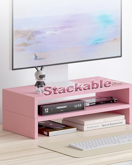 TEAMIX 2 Pack Pink Monitor Riser-20L inch, Cute Monitor Stand for Desk, Wood Sturdy TV/Screen/PC/Printer/Laptop Riser, Computer Shelf with Storage Desktop Organizer for Home Office
