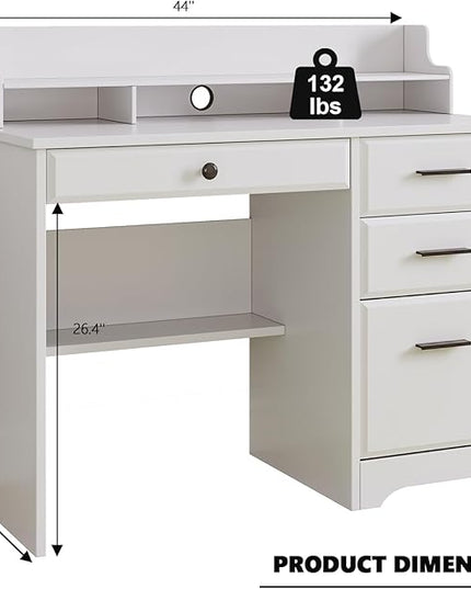 4 EVER WINNER White Desk with Drawers, Small Desk with File Drawer for Small Spaces, Writing Desk with Monitor Stand Wood Table for Study Home Office, White