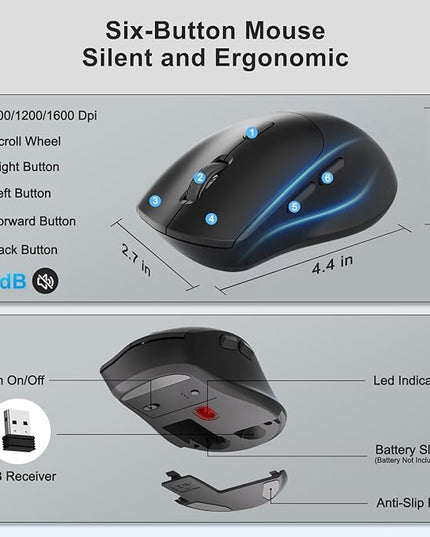 Wireless Keyboard and Mouse Combo, 2.4G Full Size Wave Keys Ergonomic Keyboard with Wrist Rest, Phone Holder, 3-Level DPI Wireless Silent Mouse with 6-Buttons, for Windows, Mac OS, Laptop, PC (Black)