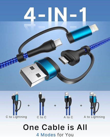 XUDUO 4 in 1 Charging Cable Fast USB C Cable Type C Charger 60W Lightning Cable Adapter USB C to USB C Cable for iPad Charger Fast Multi Charging Cord Fits iPhone 17 16 15/15 Pro/15 Plus/14 Pro Max