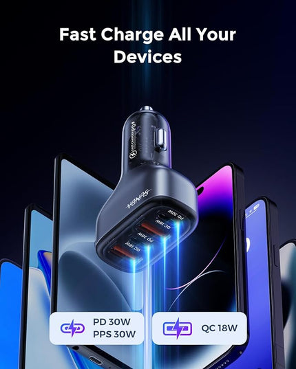 SUNDA 60W USB C Fast Car Charger, 4-Ports Car Charger Adapter, Dual Type C PD30W/PPS30W Compatible with iPhone17/16 Pro/Max/iPhone15/Galaxy/SamsungS25, Dual USB-A 18W QC3.0 for Android(Gray)