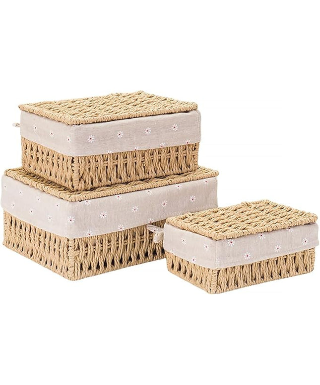 GIB Small Wicker Storage Baskets with Lids and Liner, Rectangular Paper Rope Woven Baskets for Organizing, Decorative Boxes Boho Decor for Shelves Table Desktop Makeup Organizer, Set of 3
