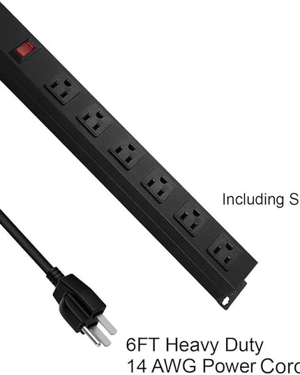 Metal Wall Mount Power Strip, Mountable Power Outlet with 6 AC Outlets, Aluminum Alloy Mount Power Socket with Switch, 6 FT SJT 3/C 14AWG Power Cord, 15A 125V 1875W (6AC) Black
