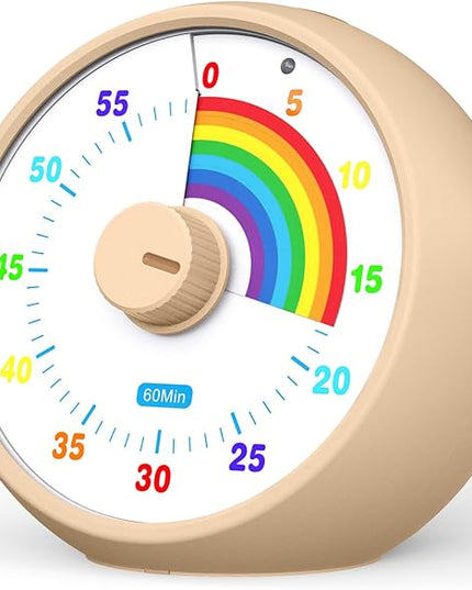 Visual Timer for Kids, 60-Minute Countdown Timer for Classroom Office Kitchen, Desk Timer Kids Time Management Tools with Silent Operation, Pomodoro Time Rainbow Pattern(Khaki)