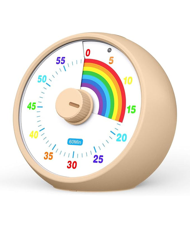 Visual Timer for Kids, 60-Minute Countdown Timer for Classroom Office Kitchen, Desk Timer Kids Time Management Tools with Silent Operation, Pomodoro Time Rainbow Pattern(Khaki)