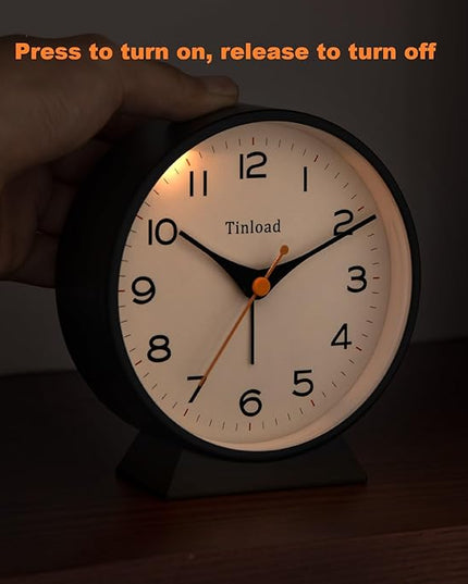 Tinload 4.5" Battery Operated Retro Analog Alarm Clock, Small Silent Bedside Desk Clock,Lighted on Demand, Battery Operated, Snooze, for Living Room, Bedroom, Bedside, Desk(Black)