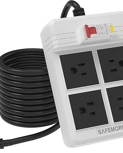 GFCI Power Strips with 9.84 FT Heavy Duty Extension Cord, 4 Gang Sockets 15A Fused SAFEMORE Power Strip 1875J with 30mA RCBO Leakage Protection, for Workshop Garage RV Indoor (White)