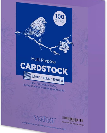 Veritas Purple Colored Cardstock, 8.5" x 11" Colored Copy paper, 110LB/199GSM Printer Paper, 100 Sheets (1 Reams), Colored Multi-Purpose Purple Paper, Made in USA