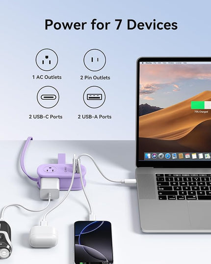 ORICO 65W GaN Travel Power Strip with 7-in-1 Charging Ports (3 AC Outlets/2 USB-A/2 USB-C), Flat Plug and 4FT Extension Cord, Fast Charger for MacBook Pro/Air, iPad Pro, iPhone 17/16/15- AP3