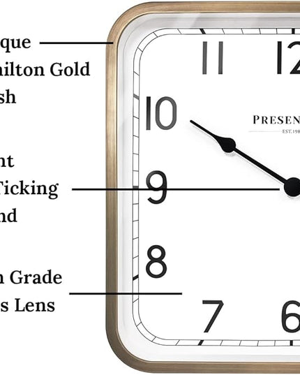 Presentime & Co. 16" Anton Vintage Square Clock, Silent No Ticking, Wall Art and Timepiece for Home Decoration/Wall Décor, Antique Hamilton Gold Color