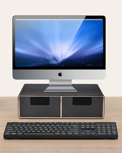 Linen Leather Desk Organizer and monitor stand with Drawers－Mini Desktop Drawer Organizer Stackable－Tabletop Organization Storage Box for Office Supplies Home Vanity Toiletries (Black, 2-drawers)