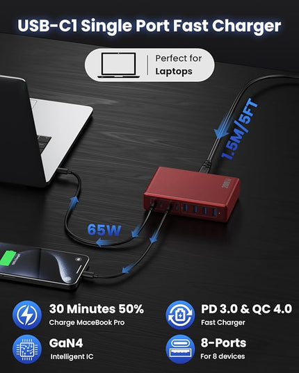200W USB C Charger Block,GaN IV Charging Station 8 Ports,QC4.0 Fast Charging Station Hub+PD 65W USB C Laptop Charger Adapter Compatible with MacBook Air/Pro,DELL,iPhone 17/16/15,iPad,Steam Deck-Red