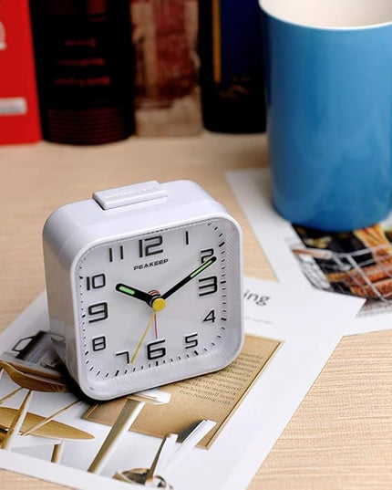 Peakeep 3D Numbers No Tick-Tock Analog Alarm Clock with Classic Beep Sound, Snooze, Manual Light and Battery Powered Small for Travel (White-3D)