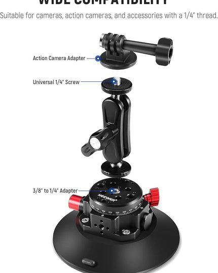 NEEWER 6" Suction Cup Camera Mount Compatible with GoPro, Metal Car Windshield Dash Ball Head Magic Arm with Action Cam Adapter Cleaning Cloth for DSLR Phone Holder, for POV Video Recording, CA013