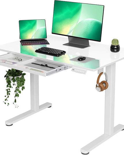 INNOVAR Glass Standing Desk with Drawers, 40×24 Inch Adjustable Stand Up Desk Quick Install Home Office Computer Desk, Super White