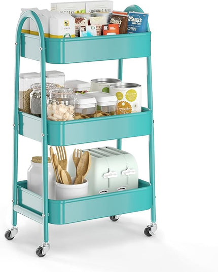 EAGMAK 3 Tier Utility Rolling Cart, Metal Storage Cart with Handle and Lockable Wheels, Multifunctional Storage Organizer Trolley with Mesh Baskets for Kitchen, Living Room, Office, Garage (Turquoise)