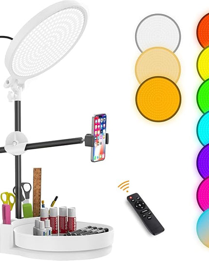 Selfie Light Kit for Desk and Laptop,55W Dimmable Full Screen Ring Light,with Rotating Storage Box,Pen Holder Stand,Phone Holder and Controller (White-RGB, 10.5)