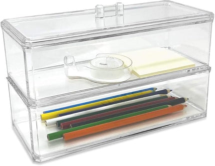 Isaac Jacobs Clear Acrylic Rectangular Stackable (2-Pack) Storage Organizer with Lid, Drawer Tray, Multi-Functional Tray, Bathroom, Kitchen, Home, Office, Desk, Drawers
