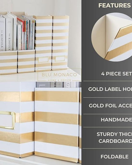 BLU MONACO Set of 4 Gold & White Striped Magazine File Boxes | Foldable Cardboard File Organizer Boxes with Gold Label Holders | Stylish Desk Organizer for Home Office and Classroom