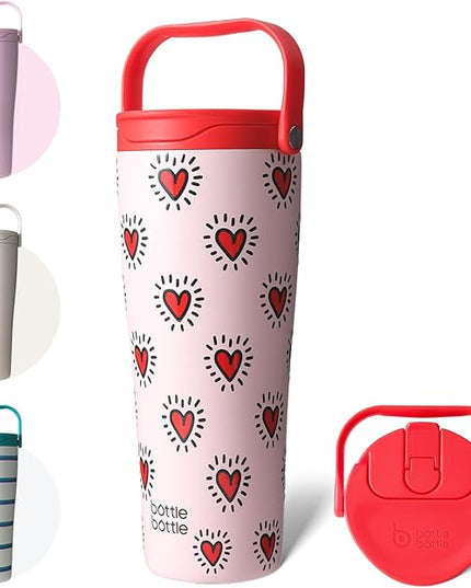 BOTTLE BOTTLE Insulated Tumbler with Handle & Straw Lid, 30oz Stainless Steel Leak-Proof Water Bottle for Hot & Cold Drinks, Add Ice Without Unscrewing, BPA-Free for Travel, Office(Heart Beats)