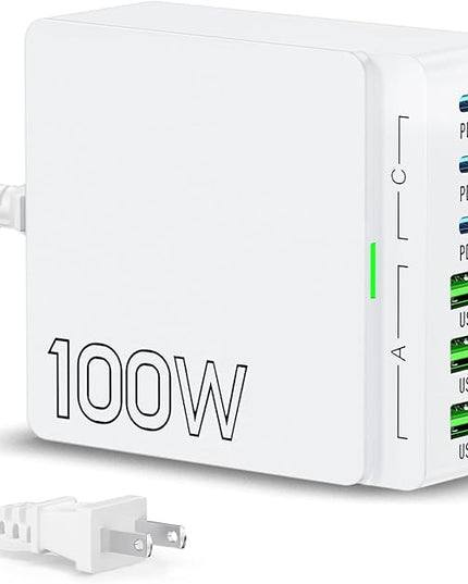 USB C Charger Block Charging Station: 100W 6 Port GaN Fast Charging Brick Hub Cube Box - PD 3.0 Type C & USB A Wall Charger Power Adapter for All iPhone 17 iPad Samsung Android Pixel Series