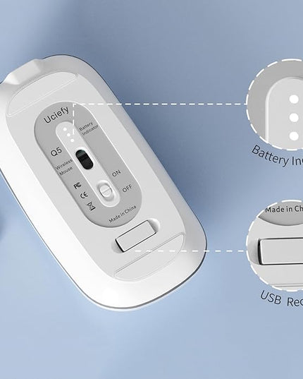 Q5 Slim Rechargeable Wireless Mouse, 2.4G Portable Optical Silent Ultra Thin Wireless Computer Mouse with USB Receiver and Type C Adapter, Compatible with PC, Laptop, Notebook, Desktop (Silver)