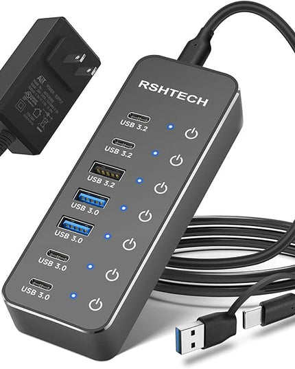 RSHTECH 7-Port Powered USB 3.2/USB-C Hub Splitter with 3 x 10Gbps USB-3.2 Ports (2C + 1A),4 USB-3.0 Ports (2C + 2A), 3.3ft Cable, Touch Switches, and 5V Power Adapter for Laptop PC