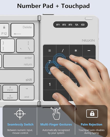 Nillkin Foldable Bluetooth Keyboard with Touchpad & Number Pad, Portable Bluetooth Keyboard with Full Size Keys, Pocket-Sized Wireless Travel Keyboards for iPad, Smartphone, Tablet and Laptop Gray