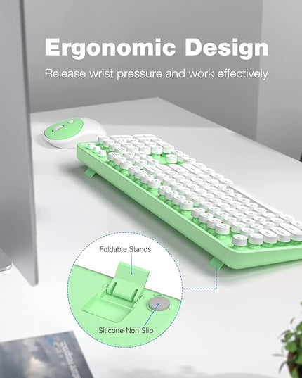 MOFII Wireless Keyboard and Mouse Combo, Computer Full Size 2.4G Plug and Play Wireless Typewriter Retro Round Keyboard and Mouse Set for Windows, Computer, Desktop, PC, Notebook - (Light Green)