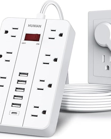 Power Strip with USB, Flat Plug Extension Cord Surge Protector 5 Ft, HUNIAN Power Strip with 8 Widely Spaced Outlets 6 USB Charger (1 USB C Port), Desk Charging Station for Home Office, White