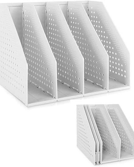 SAYEEC Collapsible Magazine Holder Plastic Desktop 4 Compartment File Desk Magazine Organizer Vertical File Divider Sorter Storage Document Organizer for Office Home School Gray