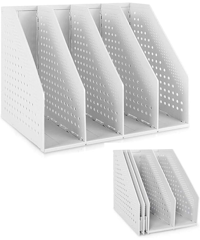 SAYEEC Collapsible Magazine Holder Plastic Desktop 4 Compartment File Desk Magazine Organizer Vertical File Divider Sorter Storage Document Organizer for Office Home School Gray
