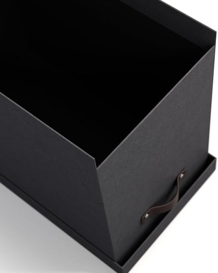 Bigso John Desktop File Box - Storage Solution and Document Organizer for Important Paperwork - Durable Hanging File Box with Lid and Leather Handle - 7.36 in x 13.26 in x 10.51 in - Black