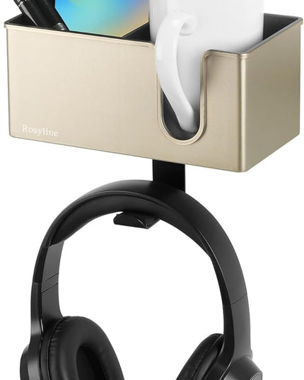 ROSLINE 3-in-1 Clip-on Desk Organizer - Pen, Headphone, and Cup Holder for Expanding Office and Gaming Space (Champagne)