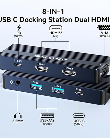 ANYOYO USB C Docking Station Dual HDMI Monitor Adapter 8-in-1 USB C HUB 3 Monitors Adapter with 4K HDMI +VGA +PD100W+Audio Laptop Docking Station for Dell/Lenovo/HP/Samsung/ASUS (Gary)
