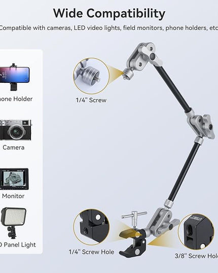 UTEBIT 22" Magic Arm w Clamp Mount, Desk Camera Mount Articulating Friction Boom w Arm 1/4" Thread Adapter, Overhead Desk Phone Mount for Video Light Webcam Microphone Action Camera Content Creators