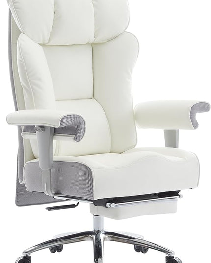 Efomao Big and Tall Office Chair 450LBS with Foot Rest, High Back PU Leather Executive Office Chair with Adjustable Padded Armrests, Lumbar Support for Home or Work, Heavy Duty Computer Chair, White