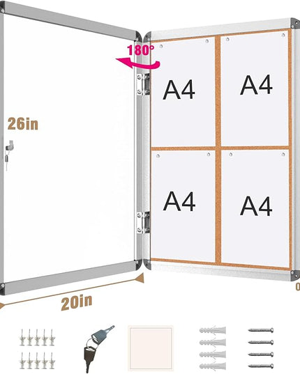 Mifuro 26"x20" Enclosed Bulletin Board, Lockable Weather-Resistant Aluminum Cork Noticeboard for School & Office, Silver Frame w/Cork