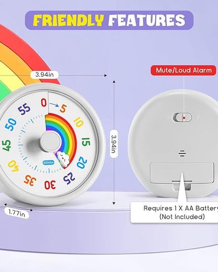 HIPPIH Visual Timer for Kids, 60 Minute Countdown Timers for Classroom Kitchen Office, Rainbow Disk Desk Timer Clock with Silent Operation, Pomodoro Timer Time Management Tools for Toddler ADHD White