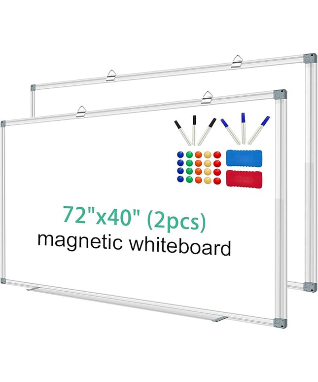 H-Qprobd Whiteboard Dry Erase White Board for Wall 72x40 (2pcs) Magnetic Boards for Office Classroom & Home, Large Wall Whiteboard Including 6 Markers, 20 Magnets, 2 Erasers