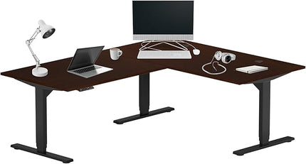 Progressive Desk Height Adjustable Computer Standing Desk - L Shaped 70" x 55" Corner Electric Stand Up Rising Workstation - Black Frame, Roasted Walnut Top