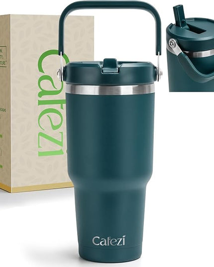 30 oz Tumbler with Lid and Straw, Stainless Steel Vacuum Insulated Tumblers with Flip Straw and Top Handle, Reusable Insulated Water Bottle for Home, Office, Leakproof, Fit in Cup Holder