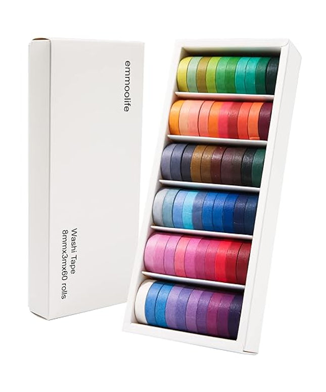 60 Rolls Washi Tape Sets 8mm Wide 10ft Long Basic Solid Color Rainbow Colored Decorative Thin Masking Tapes for Arts, Children Gifts, Bullet Journals, Wrapping Planner, Calendar, Scrapbooking DIY