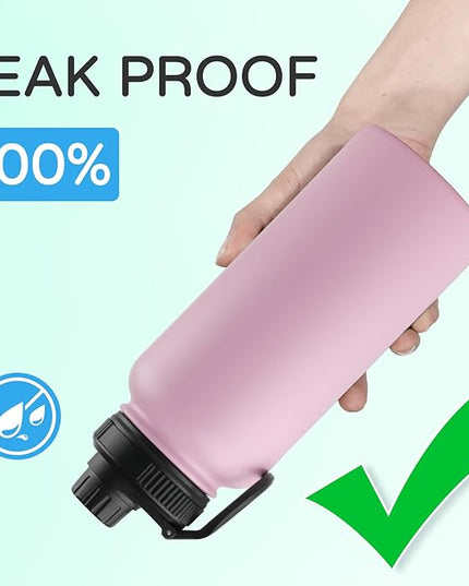 DOMICARE 32 oz Insulated Water Bottle, Vacuum Insulated Stainless Steel Sports Water Bottle with Straw Lid & Spout Lid, Leakproof, Reusable - Travel, Camping, Bike, Pink