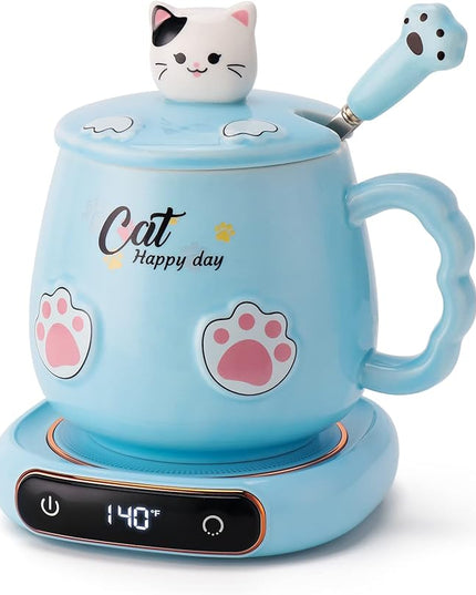 Bgbg Coffee Mug Warmer & Cute Cat Mug Set, Beverage Cup Warmer for Desk Home Office with Three Temperature Up to 140℉/ 60℃, Coffee Warmer for Cocoa Milk Tea Water Candle, 8 Hours Auto Shut Off