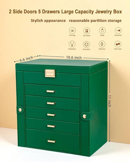 BOOVO Jewelry Box For women, 6 Layer Large Jewelry Organizer With Mirror, Multi-Function Storage Box With Lock, Necklace Holder With 5 Drawers, For Earrings Necklace Bracelet (Green and Gold)