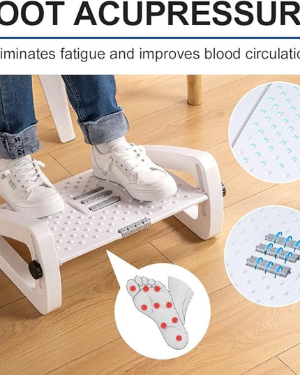 Foot Rest for Under Desk At Work - Six Heights Adjustable Under Desk Footrest - Ergonomic Foot Stools for Under Office Desks - Desks Foot Rest with Massage Rollers - Leg Rest for Chair (White)